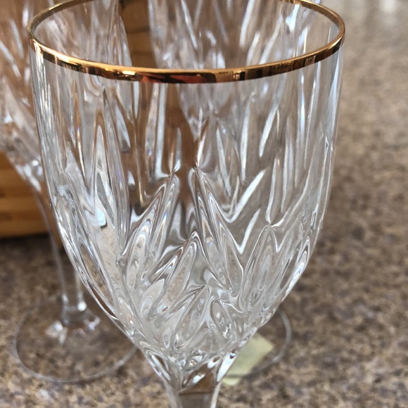 Gorham Star Blossom Gold Trim Full Lead Crystal Water Goblets Set of 4 Glasses - Picture 8 of 11